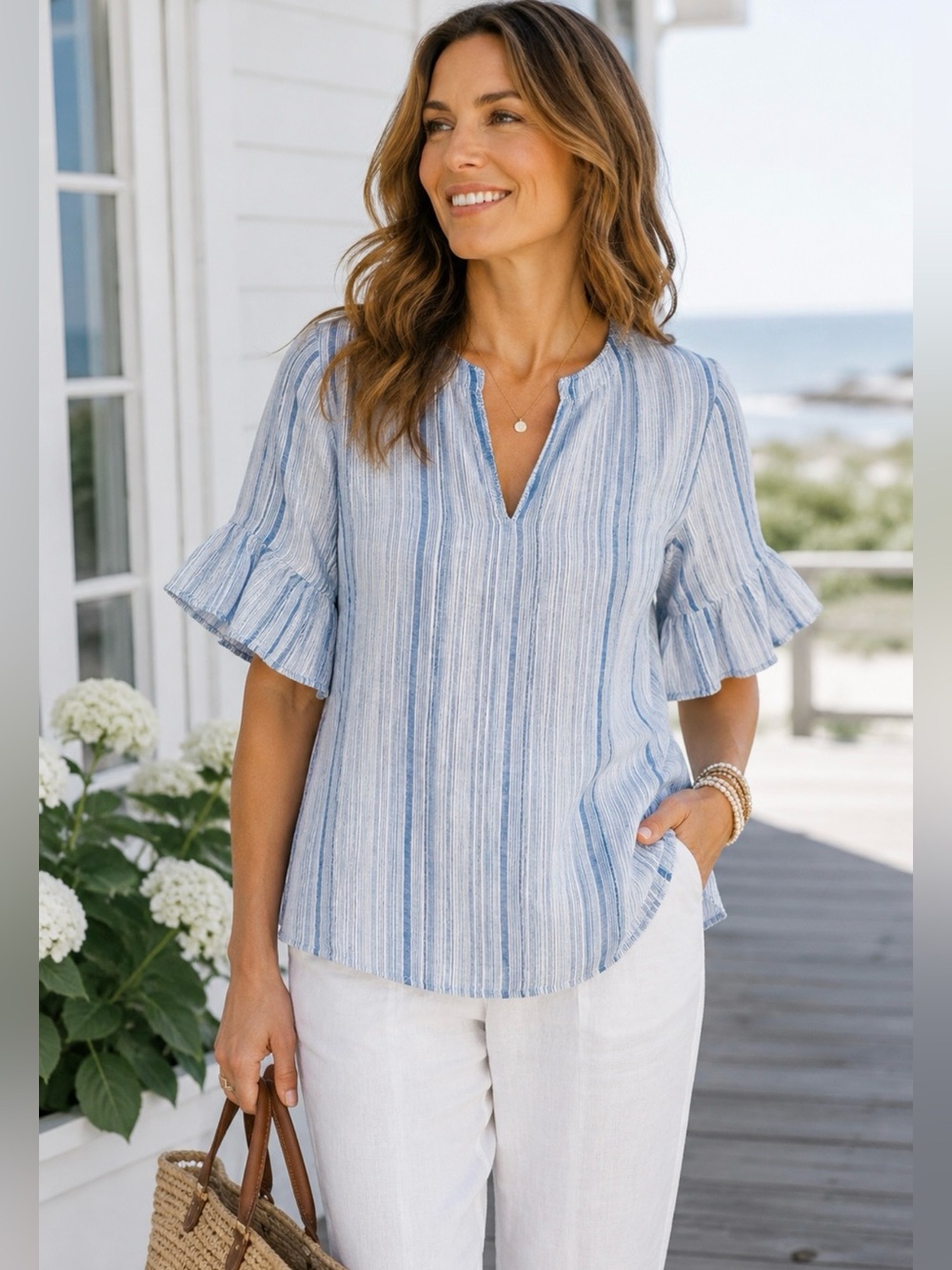 Tahari 100% Linen Top 2X Blue White Striped Ruffle Sleeve Coastal Cottagecore